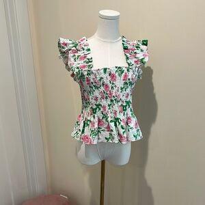 Hill House Pink and Green Ruffled Peplum Blouse